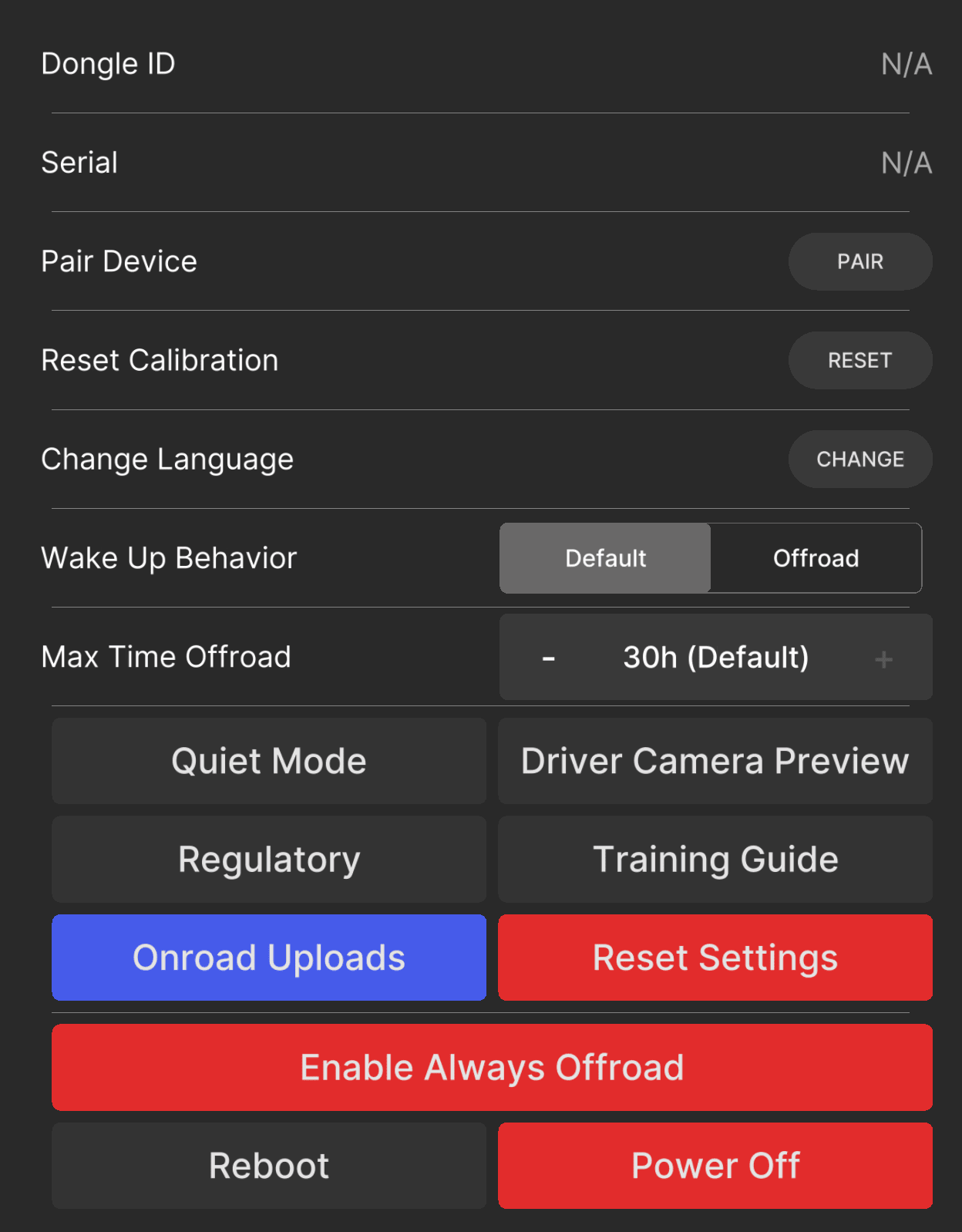 The Device settings panel on comma 3X