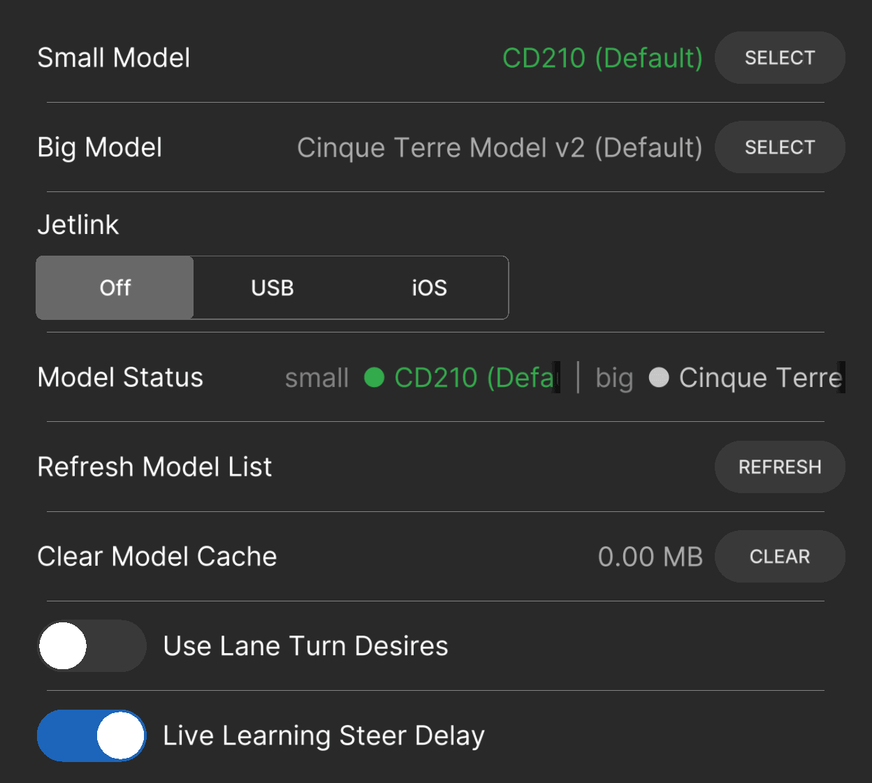 The Models settings panel on comma 3X